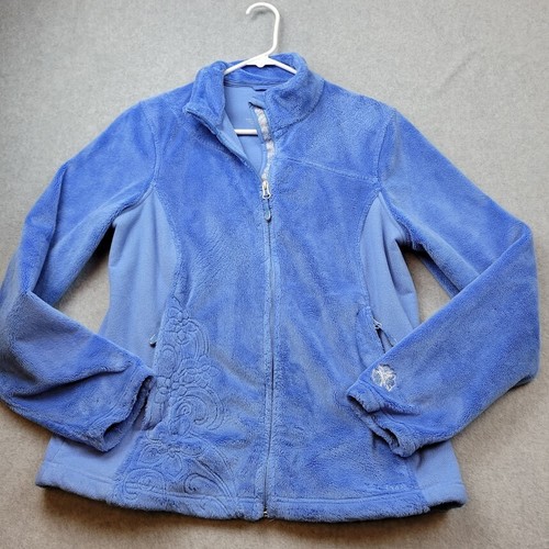 LL Bean Fleece Jacket Womens Small Blue Full Zip Floral Embossed Zipped Pockets