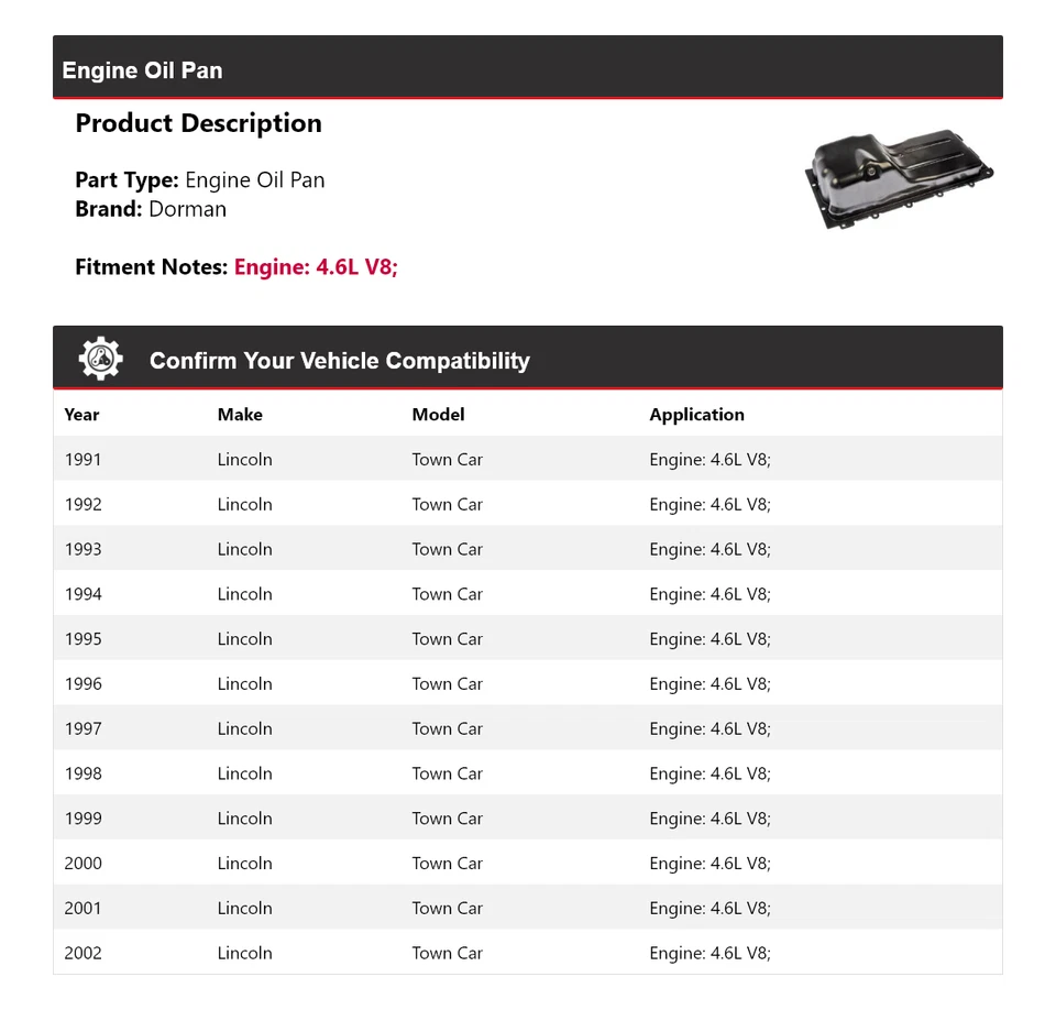 Para Lincoln Town Car 1991-2002 4,6 L V8 motor Dorman cárter de aceite 1992 1993 1994 Foto 2 de 4