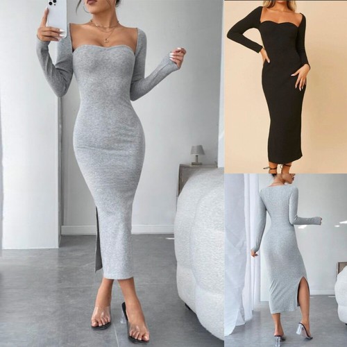 Womens Sexy Square Neck Bodycon Evening Party Long Sleeve Side Slit ...