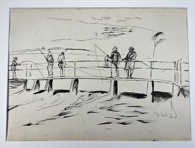 Bruce Mitchell Depression Era Ink Sketch Fishing Tournament In Rural Lake 16x20 