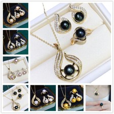 Fashion Zircon Crystal Inlay Pearl Gold Stud Earrings Ring Pendant Necklace Set