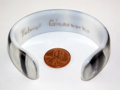 Patriot Glassworks Art Glass Cuff Bracelet White Black Stripes Signed Artisan - Picture 5 of 11