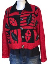Jacket Minnies Closet Vintage Chenille Folk Art Red Fall Leaf Patch Xl Bugs Knit