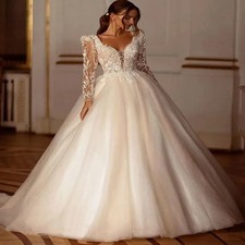 Glitter A-line Wedding Dresses Long Sleeve Appliques Lace Customized Bride Gown
