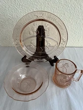 Vintage 3 pc. Pink Depression Glass Tiara Mother Goose Nursery Rhyme Dish Set