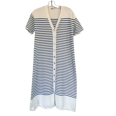 Zara Cream Blue Striped Short Sleeve Button Front V-Neck Knit Midi Sweater Dress | eBay Zara Cream Blue Striped Short Sleeve Button Front V-Neck Knit Midi Sweater Dress | eBay