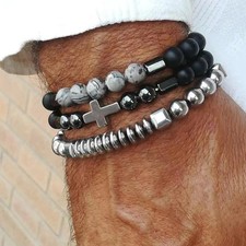 3pcs Set Mens Black Silver Stone Beaded Cross Christian Bangle Bracelet Gift