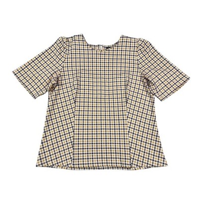 Ann Taylor Yellow Brown Plaid Short Sleeve Blouse Crew Neck Back Zip Top Large