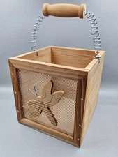 Decorative Unfinished Wood Box Basket Wire Handle Mesh Front & Wooden Dragonfly