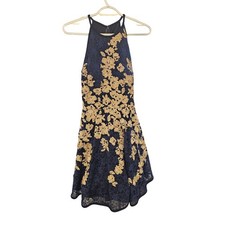 XSCAPE Navy Gold Floral Lace Halter Cocktail Dress Size 6 Fit Flare Formal