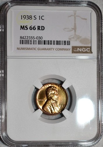 NGC MS-66 RD 1938-S Lincoln Cent, Radiant, Lightly Reflective, Superb Gem.