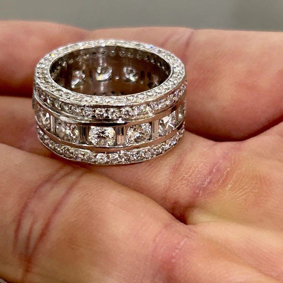 Platinum Diamond Eternity Band 10 CTW Round and Emerald Cut Channel Set Sz 8 - Image 3 of 4