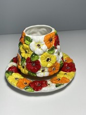 Home Interiors  Vintage Votive Plate & Chimney Shade  Red Orange Yellow Floral