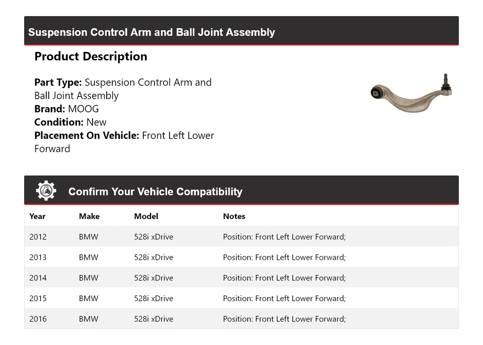 Brazo de control delantero izquierdo inferior delantero MOOG 2012-2016 BMW 528i xDrive Foto 2 de 4