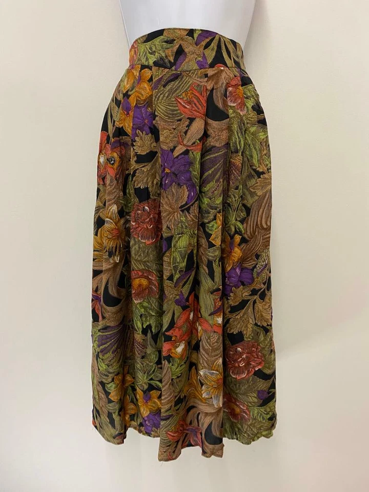 Vintage Skirt Size 12 Boho Midi Floral Arty Brown Pleated Floaty Slimming - Image 4 of 4