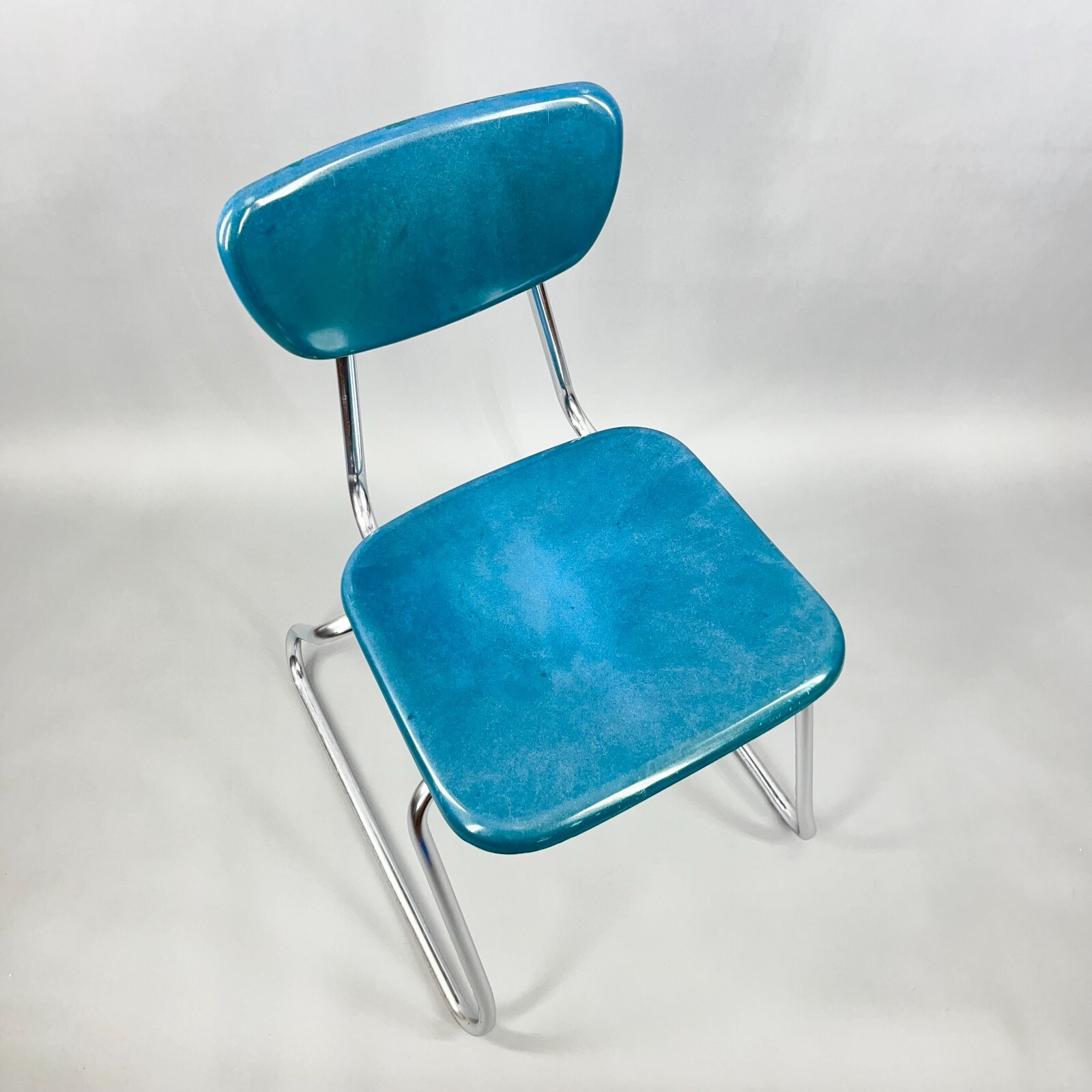 Vintage MCM Stacking Chair VIRCO Blue Teal & Chrome Sleigh Leg (4 Available)