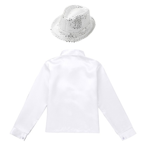 Kids Boys Girls Shiny Sequins Shirt Jazz Latin Street Dance Top Disco Jacket+Hat - Picture 5 of 54