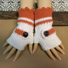 Orange - White Crochet Fingerless Gloves, Wool Buckle Arm Warmers