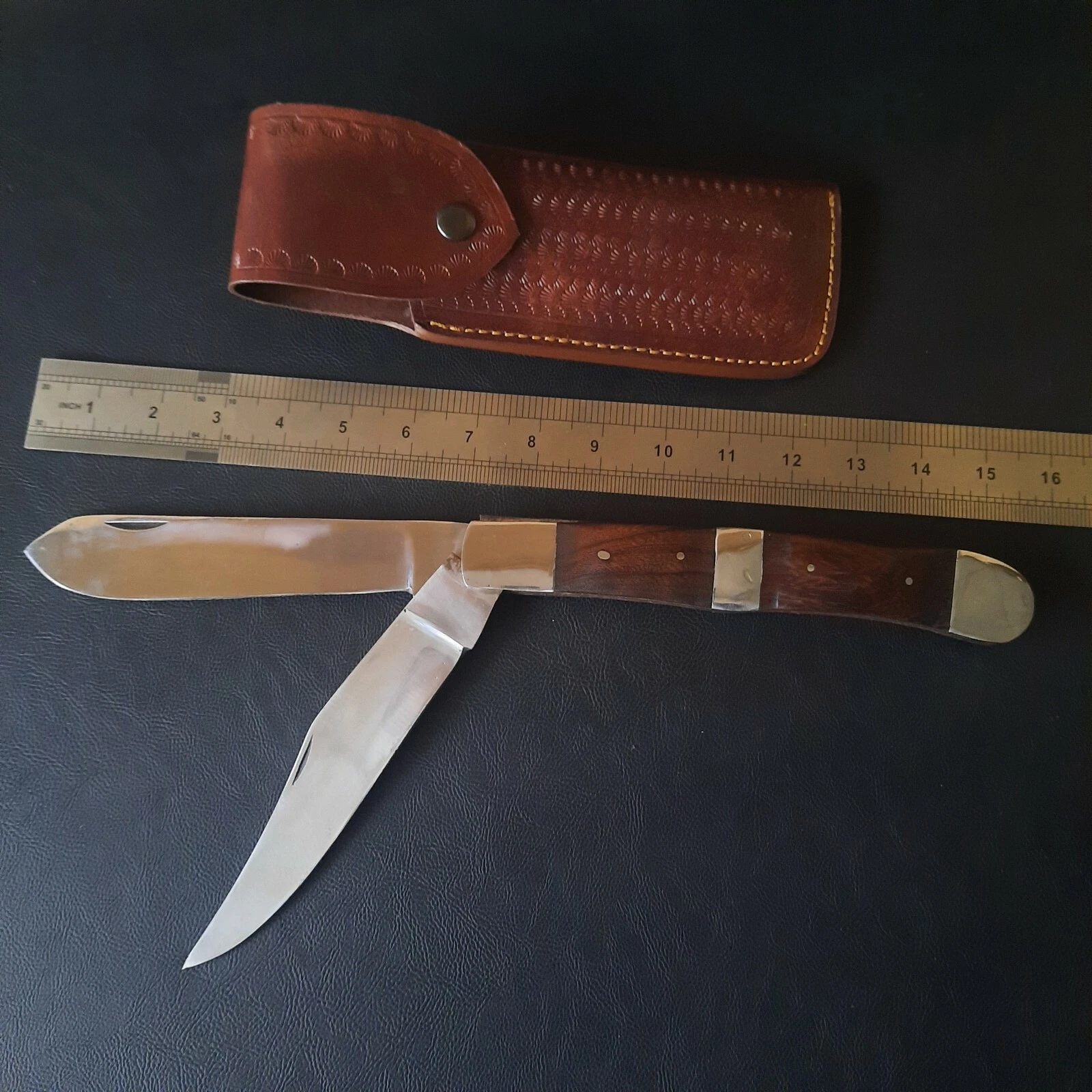 Antique Early Bridge Cutlery Wood Folding 2-Blade Pocket Knife Old with sheath