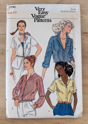 Vogue Patterns 7110 Women's Button Front Collared Shirt Pattern Size 10 Uncut
