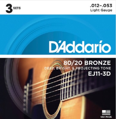 10 Pack D'Addario EJ11 Light Acoustic Guitar Strings 80/20 Bronze 12-53 EJ11-3D