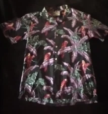 Vintage Paradise Found Hawaiian Shirt Large Black Parrots