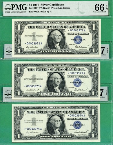 ** 3 CONSECUTIVE LOW SERIAL STAR NOTES * 1957 $1 SC * PMG GEM 66, 67 & 67 EPQ **