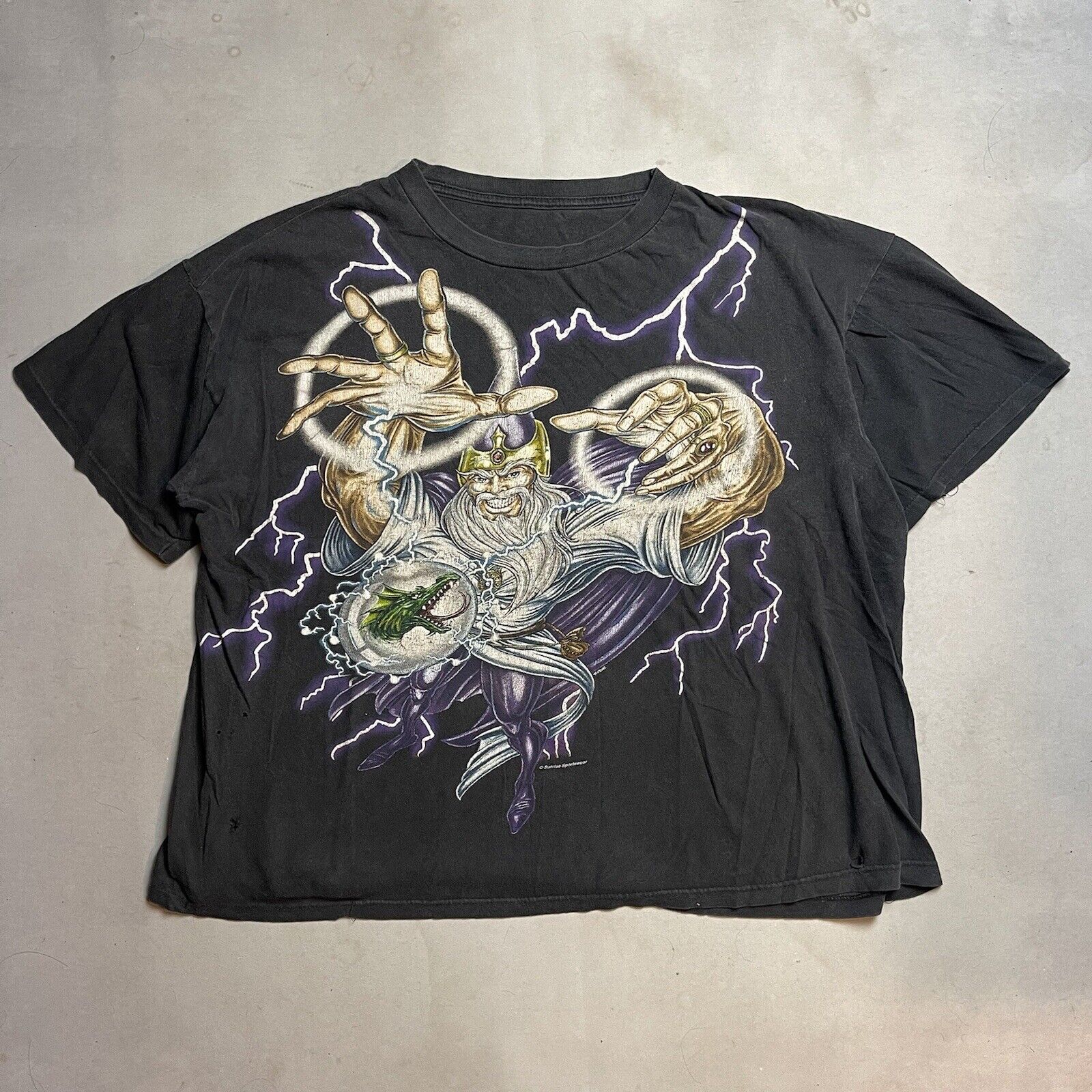 Vintage USA Thunder Wizard Dragon Crystal Ball Graphic Lightning Tee Shirt  XL