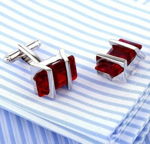 Dark Transparent Red Emerald Gemstone Special Men's High Polish Silver Cufflinks - Image 4 of 4