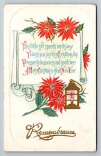 Antique Christmas New Year Postcard Remembrance Poinsettias USA Made Embossed