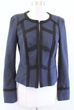 White House Black Market Navy Blue Black Textured Collarless Blazer Jacket Sz 2