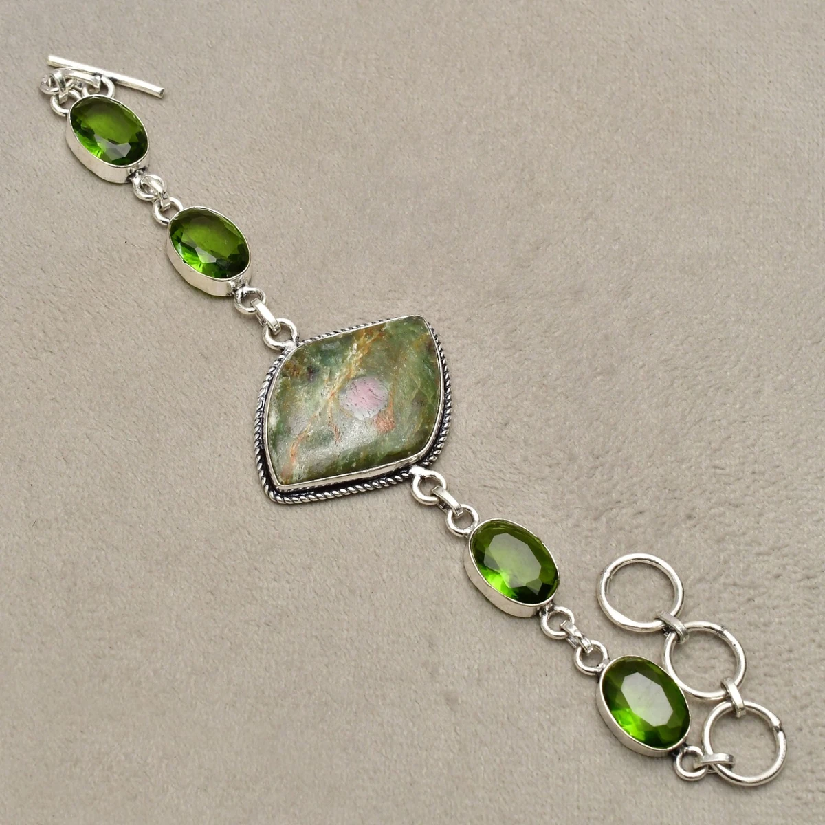 Pendentif Vintage En Argent 925 - Émeraude Et Rubis Synthétiques Avec CZ - Forme Végétale - Neuf Jamais Porté