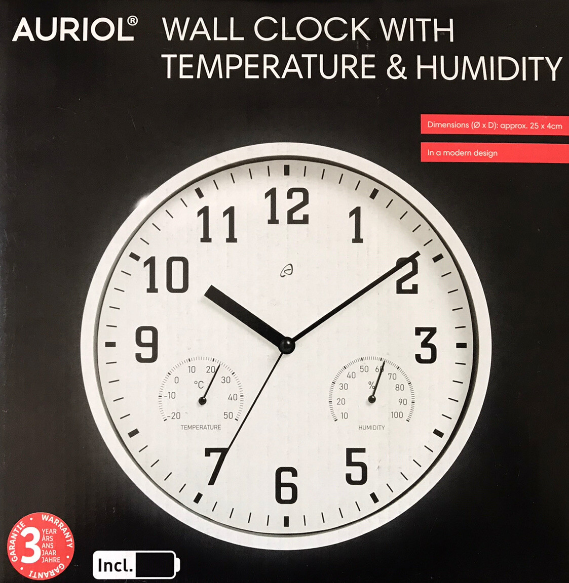 Auriol Wall Clock With Temperature And Humidity 25cm x 4.5cm