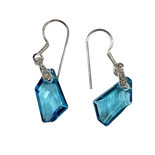 Sterling Silver Swarovski Crystal Aquamarine Drop Dangle Earrings Blue Polygon