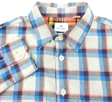 $195 Paul Smith Casual Fit Gray & Blue Plaid Button Up Shirt Mens Size Small
