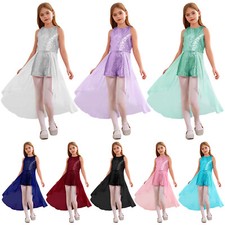 US Flower Girl Sequined Chiffon Long Romper Dress Sleeveless Party Formal Gowns