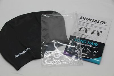 Swimtastic Long Hair Silicone Swim Cap Black Snag Proof Kids & Adults Latex Free