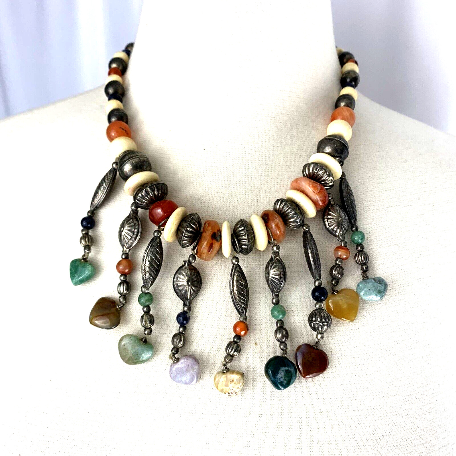Gemstone Beaded Statement Necklace Dangling Bib B… - image 1