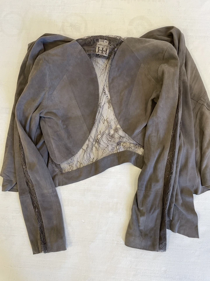 Haute Hippie Suede & Lace Panel Drape Shrug Jacket in Gray Size XS $395 - Image 3 of 4
