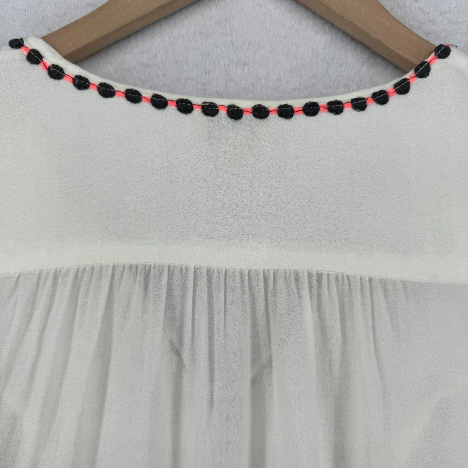 ROBERTA ROLLER RABBIT Top S Southwestern Tassel Tie Crepe Cotton Viscose White - Image 4 of 4