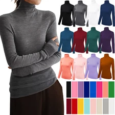 Womens Turtleneck Long Sleeve Basic Knit Top Shirt Stretch Solid Ribbed T-Shirt