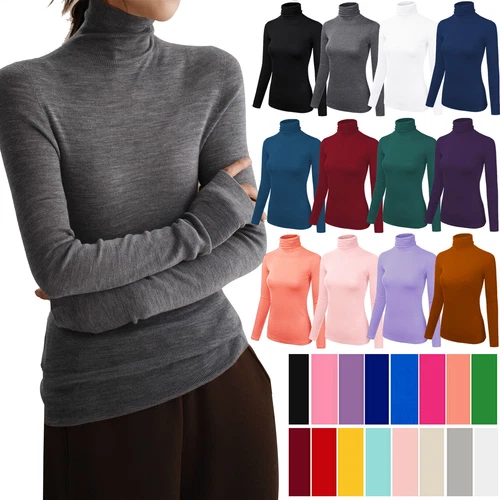 Womens Turtleneck Long Sleeve Basic Knit Top Shirt Stretch Solid Ribbed T-Shirt - Picture 1 of 21