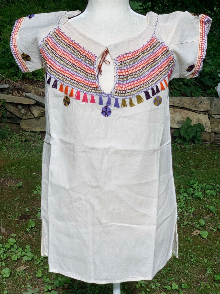Maya Mexican Blouse Top Shirt Embroidered Chiapas Off-White Medium