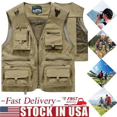 Mens Tops Cargo Multi Pocket Utility Vest Fishing Hiking Gilet Waistcoat Camping