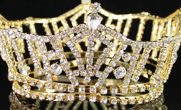 MISS AMERICA FULL CROWN CLEAR AUSTRIAN RHINESTONE HAIR TIARA PAGEANT T1297 GOLD - Image 3 of 4
