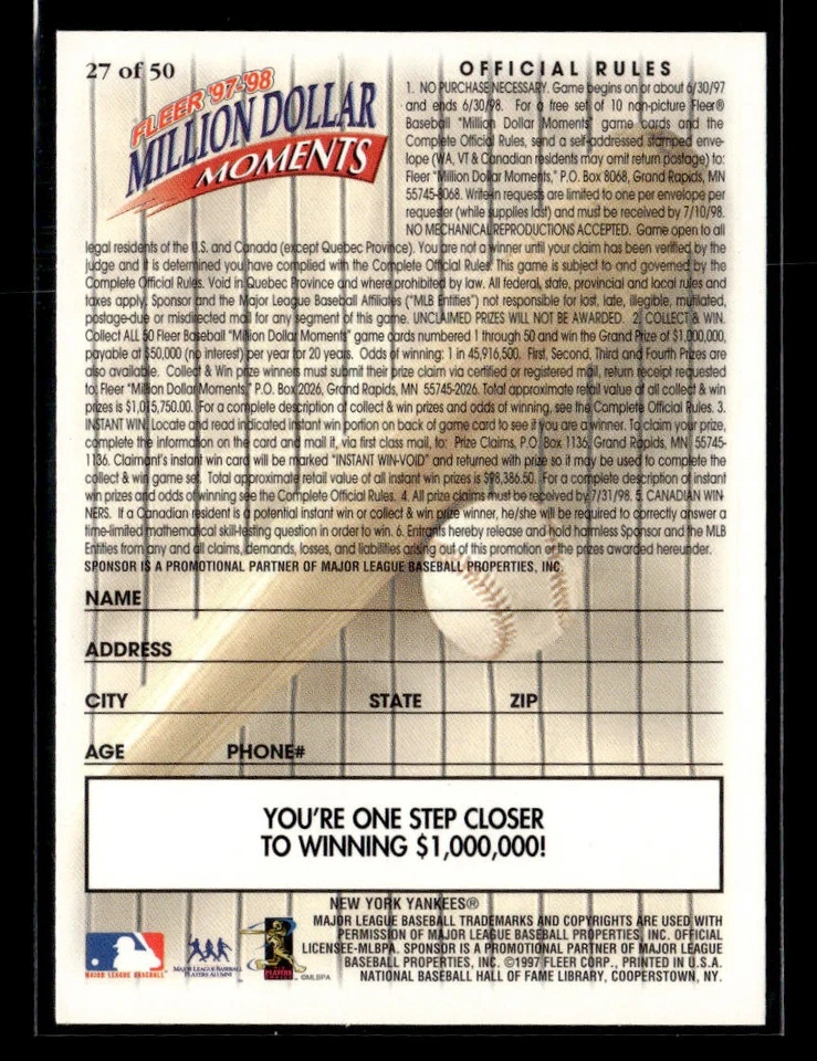 1997-98 Fleer Million Dollar Moments Bobby Richardson #27 - Image 2 of 2
