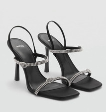NEW MANGO MNG BLACK STRASS STRAP RHINESTONE BUCKLE SANDALS HEELS SHOES 37 US 6.5