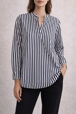 Everlane Black White Stripe Split Neck Popover Tunic Top Sz 10 100% Cotton