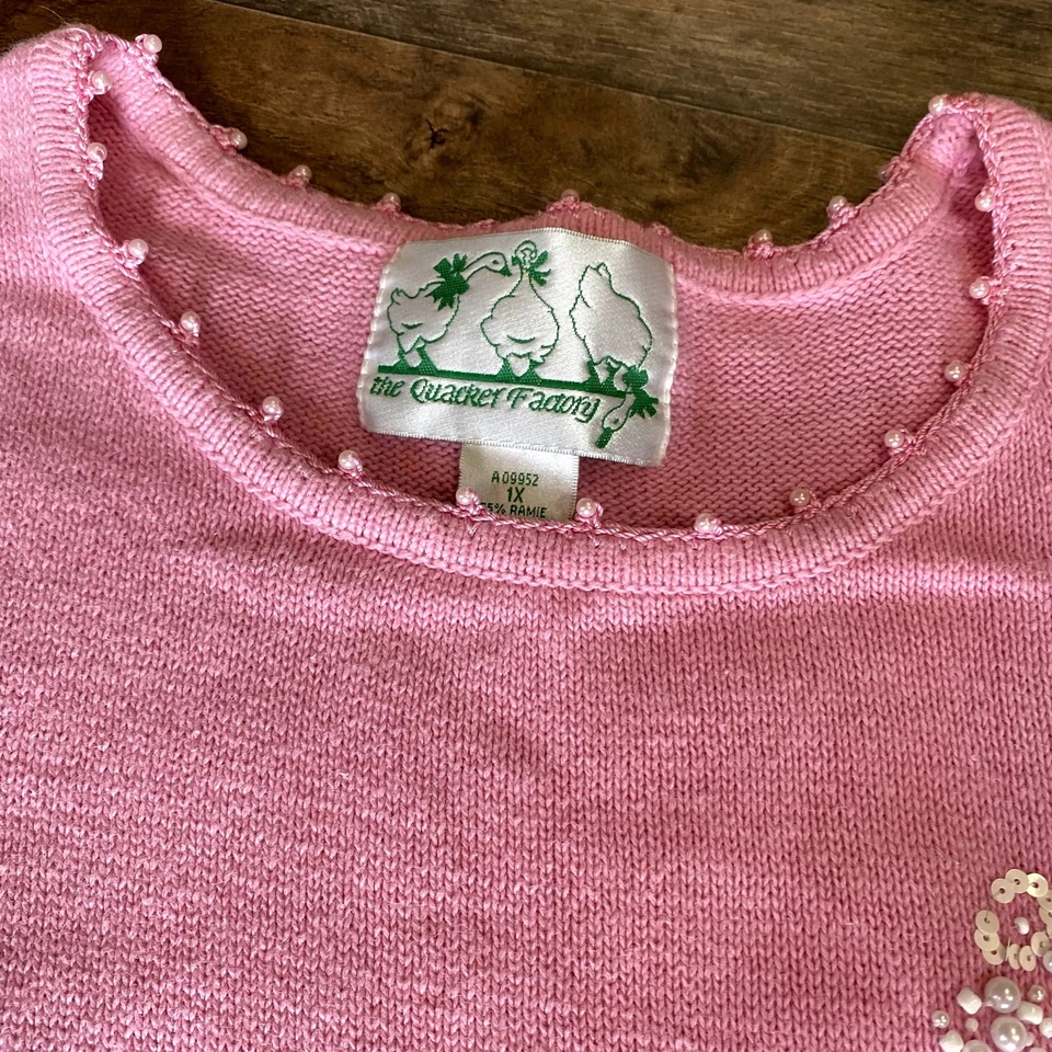 Vintage 90's Quacker Factory Women's Pink Snowflake Beaded Knit Sweater 1X - Image 3 of 4