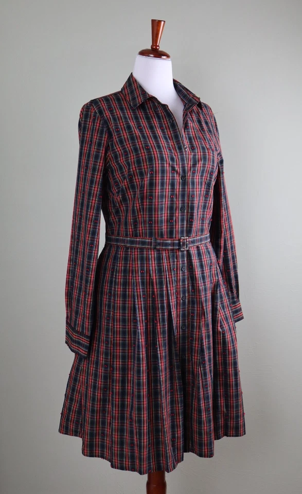 Vestido Camisa BROOKS BROTHERS Rojo Vellón Nuevo con Etiquetas $98 Flecos Cuadros Cinturón Talla 14 Foto 2 de 4